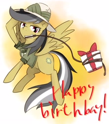 Size: 3422x3875 | Tagged: safe, artist:akainu_pony, derpibooru import, daring do, pegasus, birthday, digital art, flying, present, solo