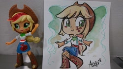 Size: 2048x1152 | Tagged: safe, artist:0_1_angel, artist:agnesgarbowska, derpibooru import, applejack, equestria girls, doll, equestria girls minis, toy, traditional art