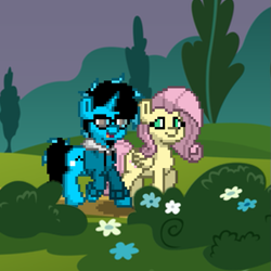 Size: 621x621 | Tagged: safe, artist:band sickle, derpibooru import, edit, editor:band sickle, fluttershy, oc, oc:bandwidth, pegasus, pony, backdrop, canon x oc, female, forest, male, mare, pony town, pony town sprite, scenery, stallion, trail, trotting, walking