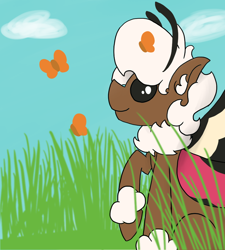 Size: 900x1000 | Tagged: safe, artist:stemthebug, derpibooru import, oc, oc:stem bedstraw, hybrid, moth, mothpony, original species, looking up, moths, sitting, watching