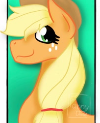 Size: 1080x1323 | Tagged: safe, alternate version, artist:droletfanny, derpibooru import, applejack, earth pony, pony, bust, eyelashes, female, freckles, gradient background, hat, mare, smiling, solo, watermark