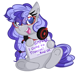 Size: 2048x1924 | Tagged: safe, artist:littleblackraencloud, derpibooru import, oc, oc only, oc:cinnabyte, commission, gaming headset, glasses, headphones, headset, sign, simple background, transparent background, trotcon, your character here