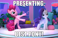 Size: 650x425 | Tagged: safe, derpibooru import, edit, edited screencap, screencap, pinkie pie, rarity, earth pony, pony, unicorn, hello pinkie pie, best pony, caption, image macro, sofa, steve harvey, text, truth