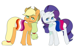 Size: 3162x1909 | Tagged: safe, artist:hellscrossing, derpibooru import, applejack, rarity, earth pony, pony, unicorn, commissioner:raritybro, female, lesbian, pride, pride flag, rarijack, shipping, simple background, transparent background