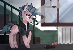 Size: 2560x1766 | Tagged: safe, artist:lichy_fantom, derpibooru import, oc, oc only, earth pony, pony, blank flank, cigarette, clothes, coke, ear fluff, ear piercing, earth pony oc, eyelashes, eyeshadow, female, makeup, mare, mohawk, piercing, profile, raised hoof, smoke, smoking, soda, solo, spilled drink