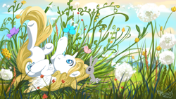 Size: 4000x2249 | Tagged: safe, artist:kchche, derpibooru import, oc, oc:sweetie shy, alicorn, butterfly, rabbit, animal, complex background, cute, flower, fluffy, grass, lying down, on back, peaceful, pony oc, smiling, summer, wings, wings down