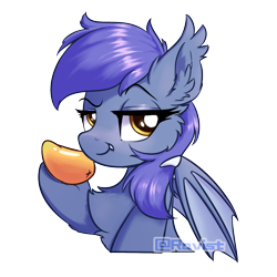 Size: 1500x1500 | Tagged: safe, artist:ravistdash, derpibooru import, oc, oc only, bat pony, pony, cheek fluff, ear fluff, food, looking at you, mango, simple background, smiling, smirk, solo, that face, transparent background, underhoof, watermark