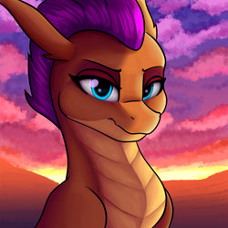 Size: 3000x3000 | Tagged: safe, artist:misty horyzon, derpibooru import, smolder, dragon, blue eyes, dragoness, evening, female, horns, looking at you, smiling, solo