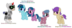 Size: 5429x2175 | Tagged: safe, artist:shadymeadow, derpibooru import, oc, oc only, oc:aztec drone, oc:cologne droid, oc:eagle champion, oc:mike quarterback, oc:volt flower, earth pony, pegasus, pony, unicorn, colt, female, filly, male, simple background, transparent background