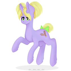 Size: 3840x3840 | Tagged: safe, artist:rise_of_evil_69, derpibooru import, oc, oc:lush mane, pony, unicorn, big eyes, bow, ear fluff, green eyes, looking at you, purple body, simple background, solo, white background, yellow mane