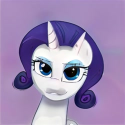 Size: 1024x1024 | Tagged: safe, artist:thisponydoesnotexist, derpibooru import, oc, oc only, bicorn, pony, unicorn, artificial intelligence, bedroom eyes, eyeshadow, female, horn, lip bite, makeup, mare, multiple horns, neural network, not rarity, purple background, simple background, solo