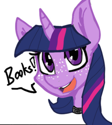 Size: 362x404 | Tagged: safe, artist:lil miss jay, color edit, derpibooru import, edit, twilight sparkle, anthro, book, bust, colored, female, freckles, smiling, solo, that pony sure does love books, tooth gap