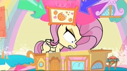 Size: 1280x720 | Tagged: safe, derpibooru import, screencap, fluttershy, pegasus, pony, death of a sales-pony, my little pony: pony life, spoiler:pony life s01e08, angry, female, giant pony, giant pony's rase the roof, giantess, giantshy, macro, rooftop, shrunken pupils, sugarcube corner