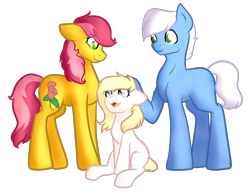 Size: 3300x2550 | Tagged: safe, derpibooru import, oc, oc only, oc:amber roll, oc:cutie roses, oc:winter roll, earth pony, family, family photo, female, foal, looking up, love, mare, photo, red hair, simple background, size difference, transparent background, white hair, yellow hair