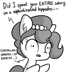 Size: 3000x3000 | Tagged: safe, artist:dsp2003, artist:tjpones, edit, oc, oc:brownie bun, earth pony, pony, robot, robot pony, horse wife, 2018, 5318008, 8008135, comic, dialogue, ear fluff, english, female, grammar error, grayscale, high res, male, mare, monochrome, open mouth, raised hoof, raised leg, simple background, solo, white background