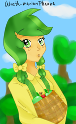 Size: 330x535 | Tagged: safe, artist:wrath-marionphauna, derpibooru import, apple fritter, human, apple, apple family member, clothes, female, food, humanized, looking at you, pigtails, shirt, solo, surprised