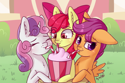 Size: 2304x1536 | Tagged: safe, artist:dsp2003, apple bloom, scootaloo, sweetie belle, earth pony, pegasus, pony, unicorn, 2018, 30 minute art challenge, blushing, cutie mark crusaders, drinking straw, female, filly, loss (meme), milkshake, sharing a drink, signature, strawberry milkshake