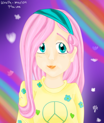 Size: 700x823 | Tagged: safe, artist:wrath-marionphauna, derpibooru import, fluttershy, human, clothes, digital art, female, headband, hippieshy, humanized, peace symbol, solo, sweater