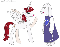 Size: 1024x804 | Tagged: safe, artist:wrath-marionphauna, derpibooru import, oc, oc:fausticorn, alicorn, clothes, crossover, digital art, simple background, toriel, undertale