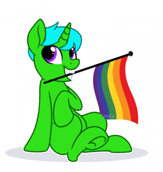 Size: 700x739 | Tagged: safe, artist:leafy, derpibooru import, oc, oc:green byte, pony, unicorn, commission, gay pride flag, lgbt, lgbt flag, male, missing cutie mark, mouth hold, pride, pride flag, simple background, solo, stallion, watermark, white background, ych result