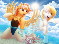 Size: 1024x768 | Tagged: safe, artist:novaintellus, derpibooru import, oc, oc only, oc:serenity, oc:white feather, pegasus, pony, beach, clothes, female, flower, flower in hair, kneeling, male, mare, oc x oc, one-piece swimsuit, raised hoof, serenither, shipping, smiling, splash, splashing, stallion, straight, swimsuit, water