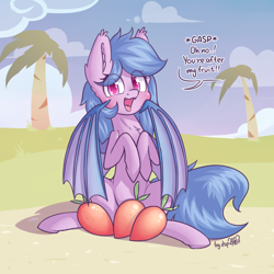 Size: 1840x1840 | Tagged: safe, artist:dsp2003, oc, oc:fruit hulu, bat pony, pony, 2018, bat pony oc, blushing, chest fluff, cloud, commission, cute, cute little fangs, dialogue, dsp2003 is trying to murder us, ear fluff, explicit link, fangs, female, food, fruit, looking at you, mango, mare, open mouth, palm tree, signature, single panel, sitting, tree