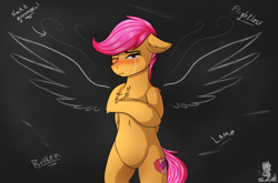 Size: 2600x1720 | Tagged: safe, artist:monsoonvisionz, derpibooru import, scootaloo, pegasus, pony, bipedal, bullying, chalkboard, chest fluff, crying, cutie mark, female, looking at you, sad, solo, the cmc's cutie marks
