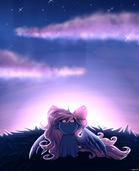 Size: 2600x3200 | Tagged: safe, artist:celes-969, derpibooru import, oc, oc:fleurbelle, alicorn, adorabelle, alicorn oc, bow, chibi, cloud, cute, female, golden eyes, hair bow, horn, looking up, mare, stars, wings