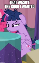 Size: 500x795 | Tagged: safe, derpibooru import, edit, edited screencap, screencap, twilight sparkle, twilight sparkle (alicorn), alicorn, pony, caption, cropped, crossed hooves, female, image macro, mare, meme, messy mane, narrowed eyes, pouting, sitting, solo, text