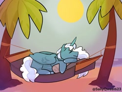 Size: 1280x960 | Tagged: safe, artist:sallyqwest623, derpibooru import, oc, oc:fleurbelle, alicorn, alicorn oc, female, hammock, horn, mare, ocean, palm tree, sleeping, sun, tree, wings