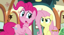 Size: 496x274 | Tagged: safe, derpibooru import, screencap, fluttershy, pinkie pie, earth pony, pegasus, pony, buckball season, angry, discovery family logo, imminent rage, looking back, raised hoof, sad, this will not end well, train