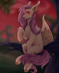 Size: 1080x1350 | Tagged: safe, artist:ash_helz, derpibooru import, fluttershy, bat pony, pony, bat ponified, colored hooves, female, flutterbat, glowing eyes, mare, outdoors, perching, race swap, raised hoof, sitting, solo, tree