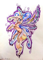 Size: 888x1220 | Tagged: safe, artist:kiwwsplash, derpibooru import, oc, oc only, breezie, pony, flying, one eye closed, solo, traditional art