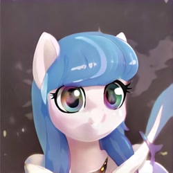 Size: 1024x1024 | Tagged: safe, artist:thisponydoesnotexist, derpibooru import, pony, blue hair, clothes, cool, gray background, i have no mouth and i must scream, jacket, neural network, rainbow eyes, simple background