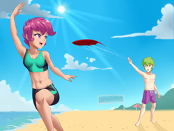 Size: 2558x1920 | Tagged: safe, artist:thebrokencog, derpibooru import, scootaloo, spike, human, armpits, barefoot, beach, belly button, bikini, board shorts, breasts, clothes, cloud, commission, feet, female, frisbee, frizbee, green eyes, green hair, happy, humanized, male, midriff, net, nipples, ocean, open mouth, outdoors, partial nudity, purple eyes, purple hair, sand, scootaspike, shadow, shipping, shore, shorts, sky, small breasts, smiling, straight, sun, sunbrella, swimsuit, topless, water