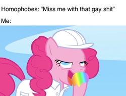 Size: 750x569 | Tagged: safe, derpibooru import, edit, edited screencap, screencap, pinkie pie, earth pony, pony, sonic rainboom (episode), female, hard hat, hoof licking, implied gay, licking, liquid rainbow, mare, meme, open mouth, rainbow, solo, tongue out, vulgar, weather factory uniform