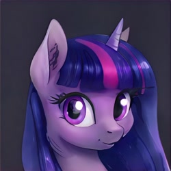 Size: 1024x1024 | Tagged: safe, artist:thisponydoesnotexist, derpibooru import, twilight sparkle, pony, unicorn, artificial intelligence, black background, female, mare, multicolored hair, neural network, simple background, solo