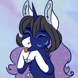 Size: 1024x1024 | Tagged: dead source, safe, artist:artfestation, derpibooru import, oc, oc only, pony, unicorn, :p, abstract background, ethereal mane, eyes closed, horn, smiling, socks (coat marking), solo, starry mane, tongue out, unicorn oc