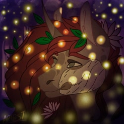 Size: 1024x1024 | Tagged: dead source, safe, artist:artfestation, derpibooru import, oc, oc only, firefly (insect), insect, pony, unicorn, bust, flower, flower in hair, horn, signature, solo, unicorn oc