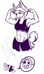 Size: 614x1024 | Tagged: dead source, safe, artist:artfestation, derpibooru import, oc, oc only, anthro, earth pony, abs, biceps, clothes, comic, earth pony oc, eyes closed, female, flexing, headband, limited palette, muscles, muscular female, shorts, tired