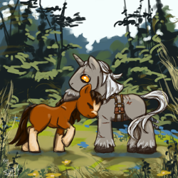 Size: 3000x3000 | Tagged: safe, artist:kchche, derpibooru import, oc, oc:geralt, oc:roachpony, pony, forest, ponified, scenery, the witcher