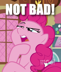 Size: 358x424 | Tagged: safe, derpibooru import, pinkie pie, earth pony, pony, caption, image macro, not bad, text