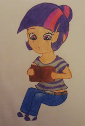 Size: 2013x2980 | Tagged: safe, artist:wrath-marionphauna, derpibooru import, twilight sparkle, human, book, chibi, clothes, colored pencil drawing, cute, female, hair bun, humanized, solo, surprised, traditional art, twiabetes