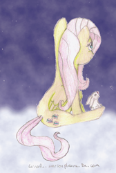 Size: 862x1285 | Tagged: safe, artist:wrath-marionphauna, derpibooru import, angel bunny, fluttershy, pegasus, pony, back, cloud, night