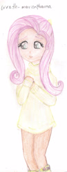 Size: 1529x3924 | Tagged: safe, artist:wrath-marionphauna, derpibooru import, fluttershy, human, boots, clothes, colored pencil drawing, female, humanized, shoes, shy, solo, traditional art