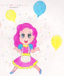 Size: 2257x2657 | Tagged: safe, artist:wrath-marionphauna, derpibooru import, pinkie pie, human, balloon, chibi, clothes, colored pencil drawing, colorful, confetti, dress, female, humanized, shoes, smiling, solo, streamers, traditional art