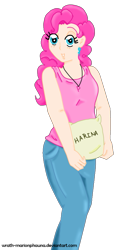 Size: 481x981 | Tagged: safe, artist:wrath-marionphauna, derpibooru import, pinkie pie, human, clothes, digital art, ear piercing, earring, female, flour, harina, humanized, jeans, jewelry, looking at you, necklace, pants, piercing, simple background, smiling, solo, spanish, transparent background