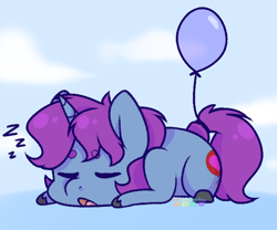 Size: 586x488 | Tagged: safe, artist:wooden-willow, derpibooru import, oc, oc only, oc:mobian, pony, unicorn, balloon, cloud, commission, cute, male, onomatopoeia, simple background, sleeping, solo, sound effects, stallion, unshorn fetlocks, ych result, zzz