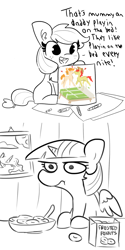 Size: 1024x2052 | Tagged: safe, artist:thehuskylord, artist:tjpones, derpibooru import, edit, applejack, bright mac, pear butter, twilight sparkle, twilight sparkle (alicorn), alicorn, earth pony, pony, comic:fillies, bed, blank flank, breakfast, cereal, crayon, crayon drawing, cute, dialogue, displeased, drawing, eating, female, filly, food, forever alone, freckles, grayscale, heart, implied good clean married sex, implied sex, innocent, innocent innuendo, innuendo, jackabetes, look of disapproval, mare, meme, monochrome, picture, picture frame, ponut, sexually oblivious, spoon, tooth gap, traditional art, twilight is not amused, unamused, weapons-grade cute, younger, ಠಠ