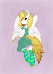 Size: 1800x2500 | Tagged: safe, artist:marchello, derpibooru import, oc, oc only, oc:sweetie shy, alicorn, clothes, dress, female, horn, looking at you, mare, simple background, smiley face, smiling, socks, solo, striped socks, wings, wings down